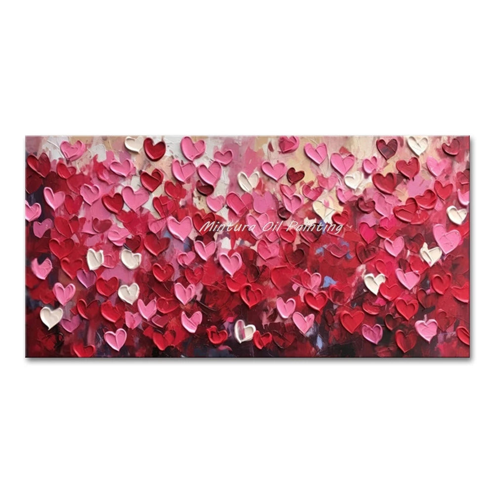 Mintura,100% Handmade Knife Graffiti Pink Red Heart Oil Painting on Canvas,Modern Abstract Wall Art Picture,Room Home Decoration