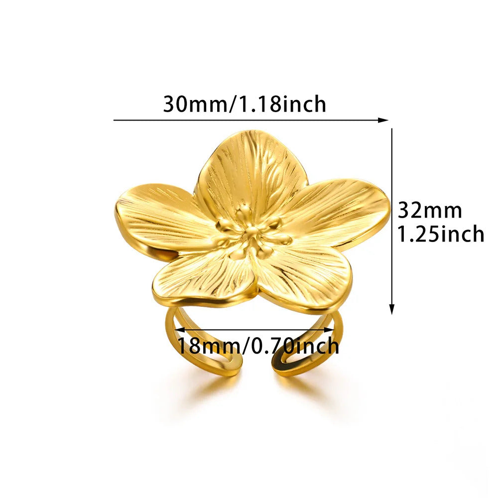 Elegant Stainless Steel Big Bloom Flower Rings For Women Gold Color New Style Open Rings Finger Jewelry Wedding Her Gift Punk