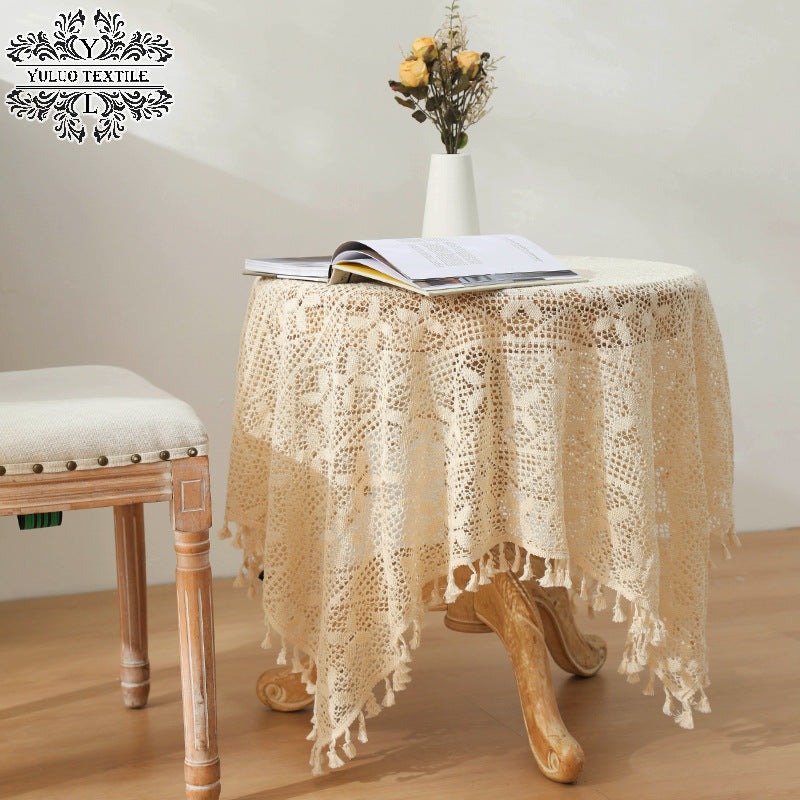 American Pastoral Cotton Woven Tablecloth Lace Hollow Crochet Tassel Dining Tablecloth French Cover Cloth Vintage Ins Tablecloth