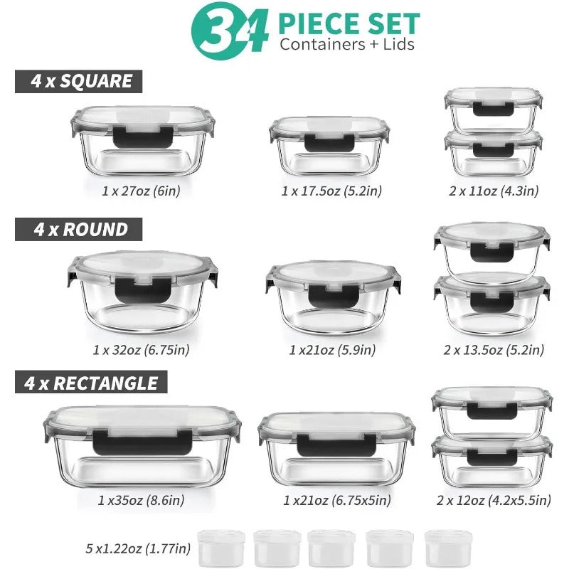 34pcs Glass Food Storage Containers with Lids Set, Airtight Glass Meal Prep Containers (17 Containers & 17 Lids), Leak Proof