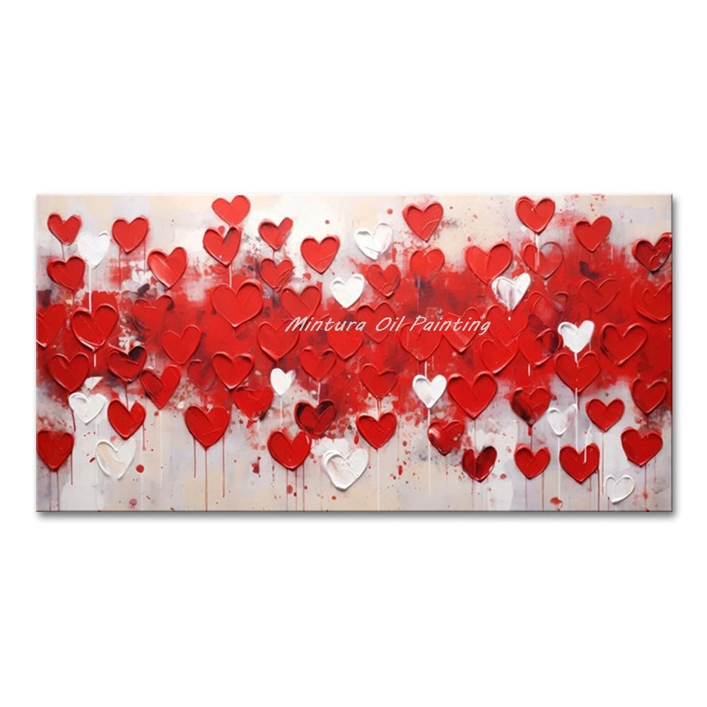 Mintura,100% Handmade Knife Graffiti Pink Red Heart Oil Painting on Canvas,Modern Abstract Wall Art Picture,Room Home Decoration