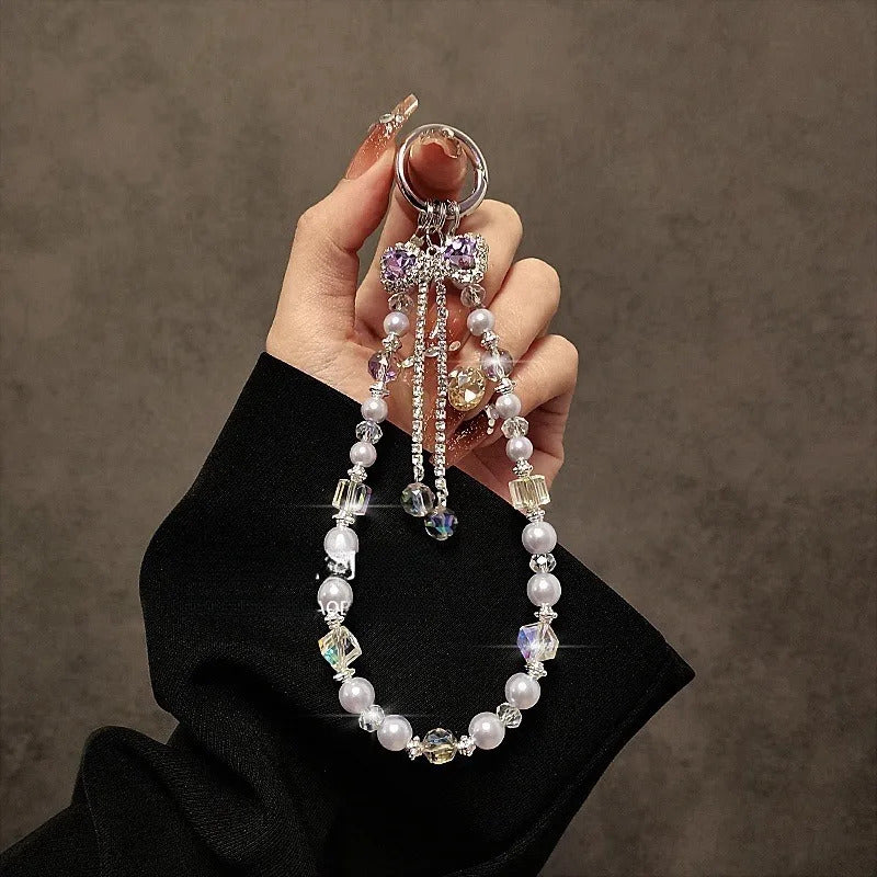 Luxury High-End Flash Diamond Bow Tassel Mobile Phone Chain Crystal Beaded Mobile Phone Lanyard Short Wrist Holding Chain