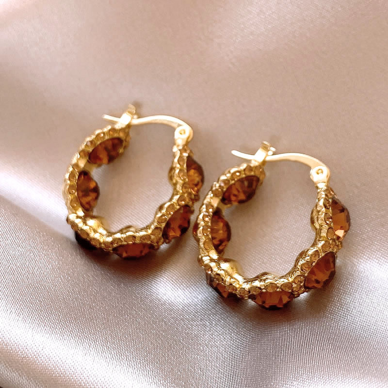 Brown Crystal Circle Ear Clip Women's Elegant Light Luxury Earrings High-Grade Earrings for Women