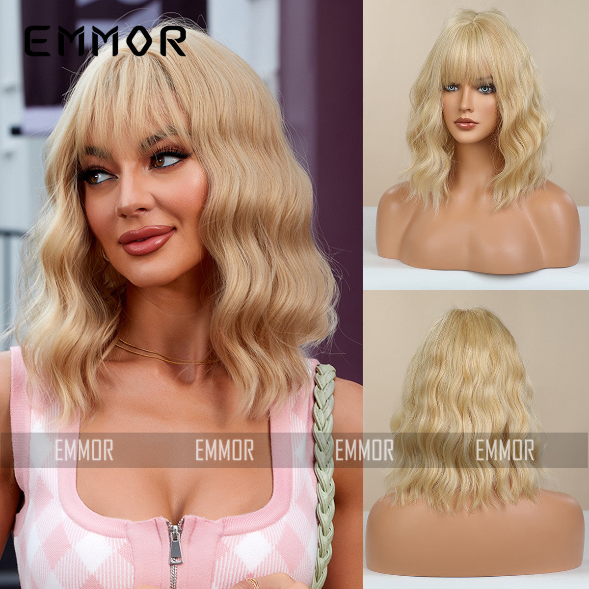 Trendy Hot-Selling Wig for Women, Cute Style, Blonde Bob Short Curly Hair, Factory Stock, Matte High-Temperature Fiber Full Wig