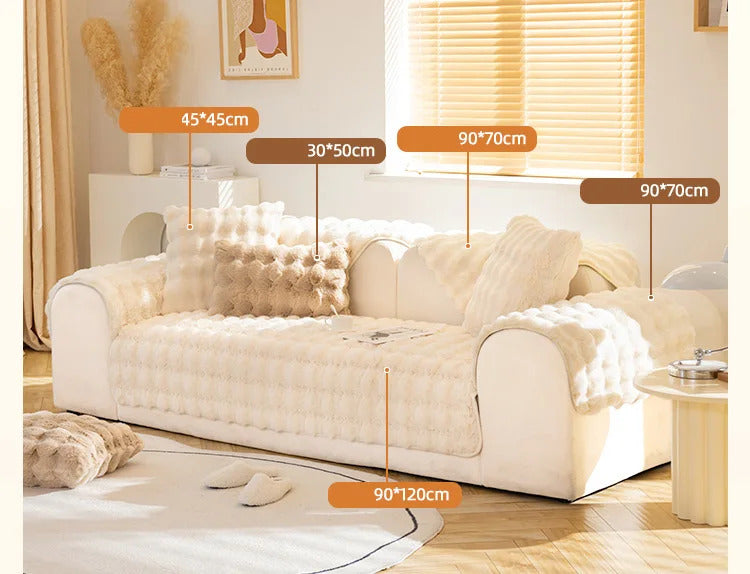 Rabbit Plush Sofa Cover Winter Thickening Warm Plush Cushions Non-Slip Living Room Leather Sofa Backrest Armrests Super Soft