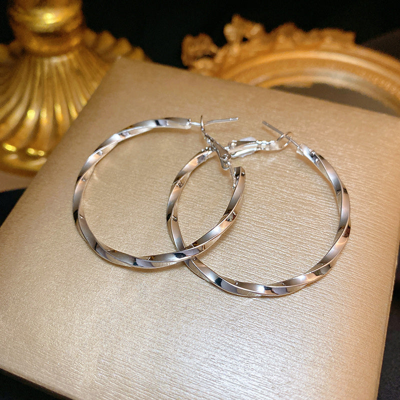 925 Silver Needle Hong Kong Style Retro Metal Earrings Women's High-Grade Geometric Simple Bracelet Ear Clip All-Match Exaggerated Commuter Earrings