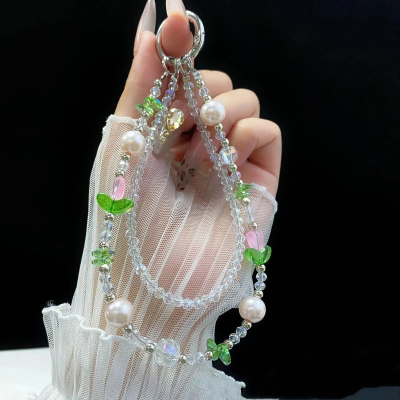 For 16 Mobile Phone Chain Dazzle Tulip Butterfly Double Chain Crystal 15 Mobile Phone Case Chain Lanyard Gradient Niche Fashion