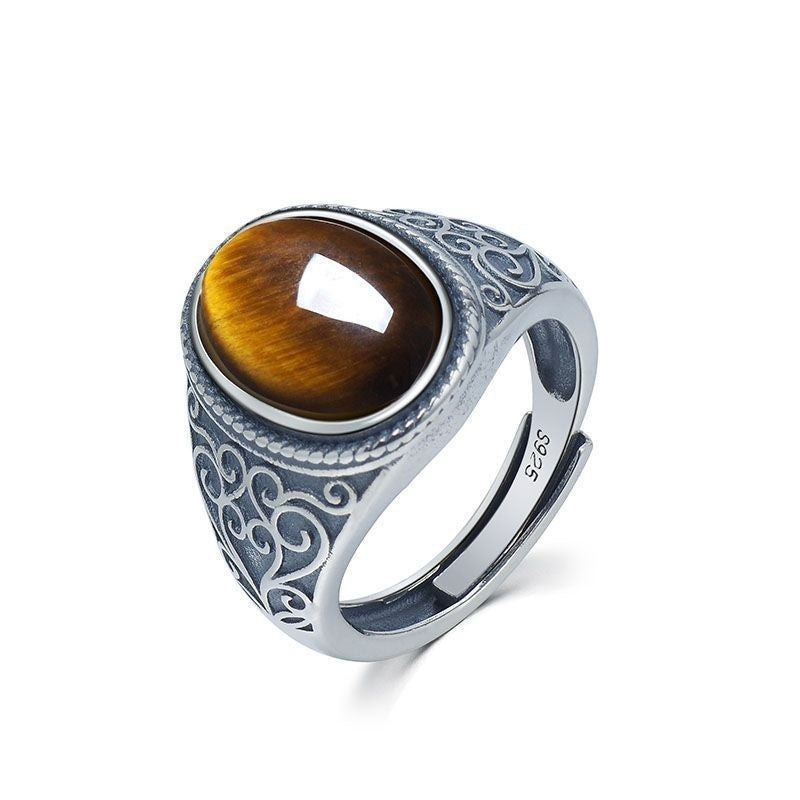 New S925 Silver Tiger Eye Stone Adjustable Men's Ring Vintage Style Natural Gift Open Ring Gold Feel