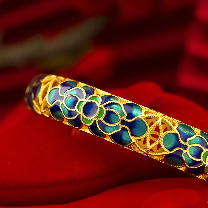 Chinese style wedding jewelry exquisite antique gold craftsred Lotus Flower bangles enamel retro charms bracelet for women