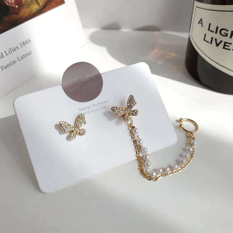Rhinestone Butterfly Stud Earrings For Women Girls Korean Cute Fashion Metal Cuff Chain Tassel Boucle D'oreille Jewelry
