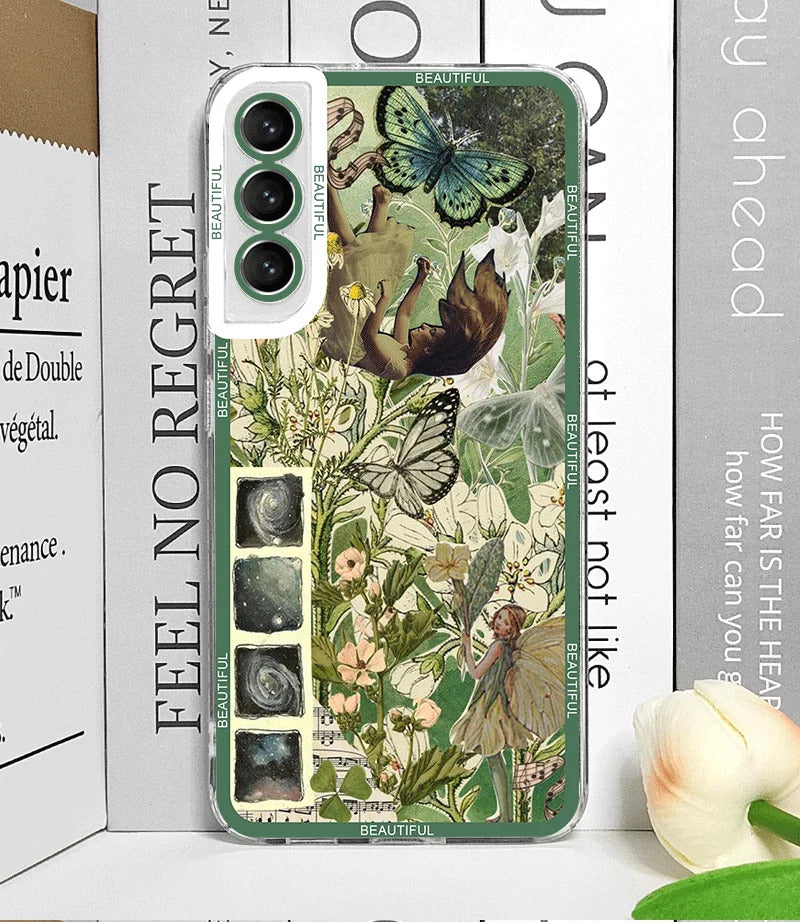 Cool Green Retro Flower Stickers Phone Case for Samsung Galaxy A55 A54 A53 A52 A51 A70 A22 A13 4G 5G Soft TPU Clear Cover Fundas