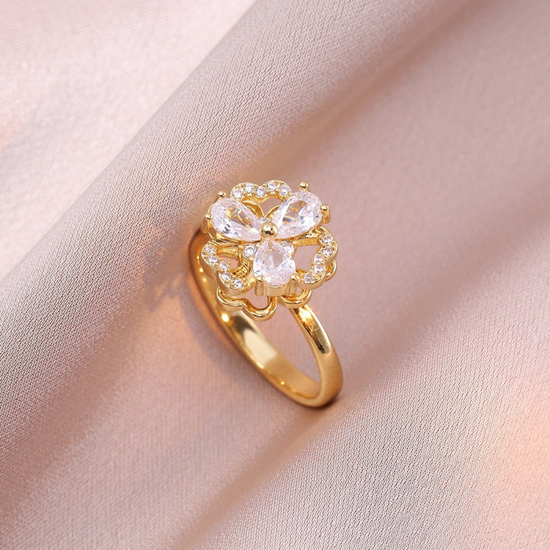 Rotating Ring for Women with Micro Paved Zircon, Elegant and Minimalist Style, Versatile Full Diamond Round Clover Ring Jewelry