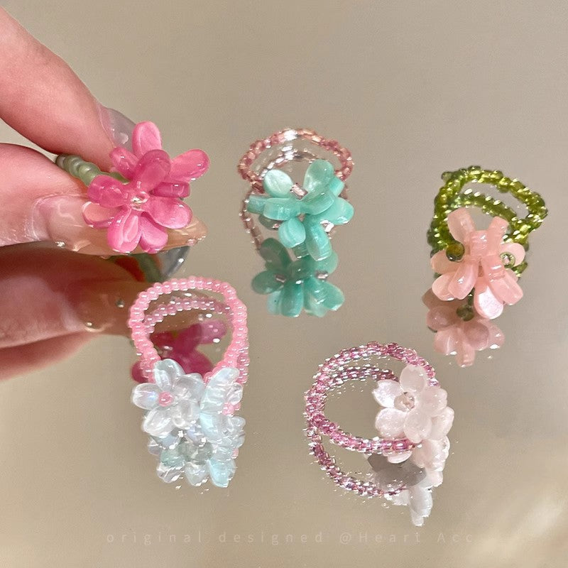 Violet Flower Elastic Beaded Ring for Women 2025 Spring Summer Korean Style Index Finger Ring Dopamine Bestie Layered Ring
