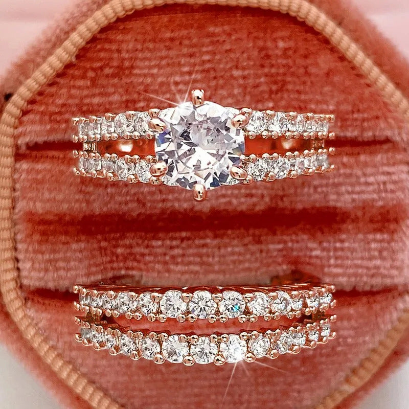 Huitan Trendy Hollow Set Rings Full Bling Iced Out CZ Stone Luxury Women Wedding Engagement Rings 2Pcs Set Jewelry Drop Shipping