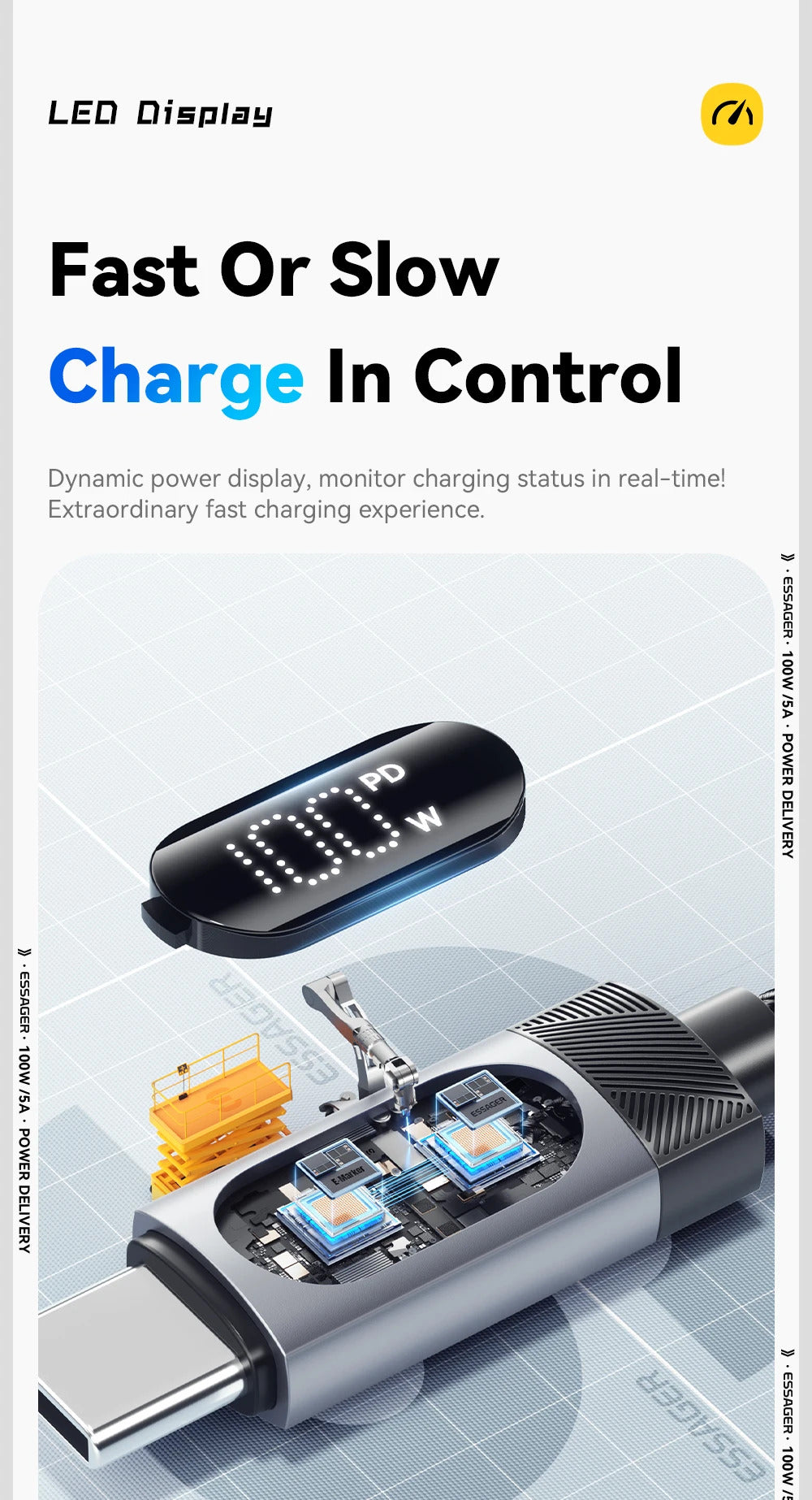 Essager Digital Dispaly USB C Cable For iPhone 16 15 Xiaomi Huawei 100W PD Fast Charging For Macbook iPad Type C to Type C Cable