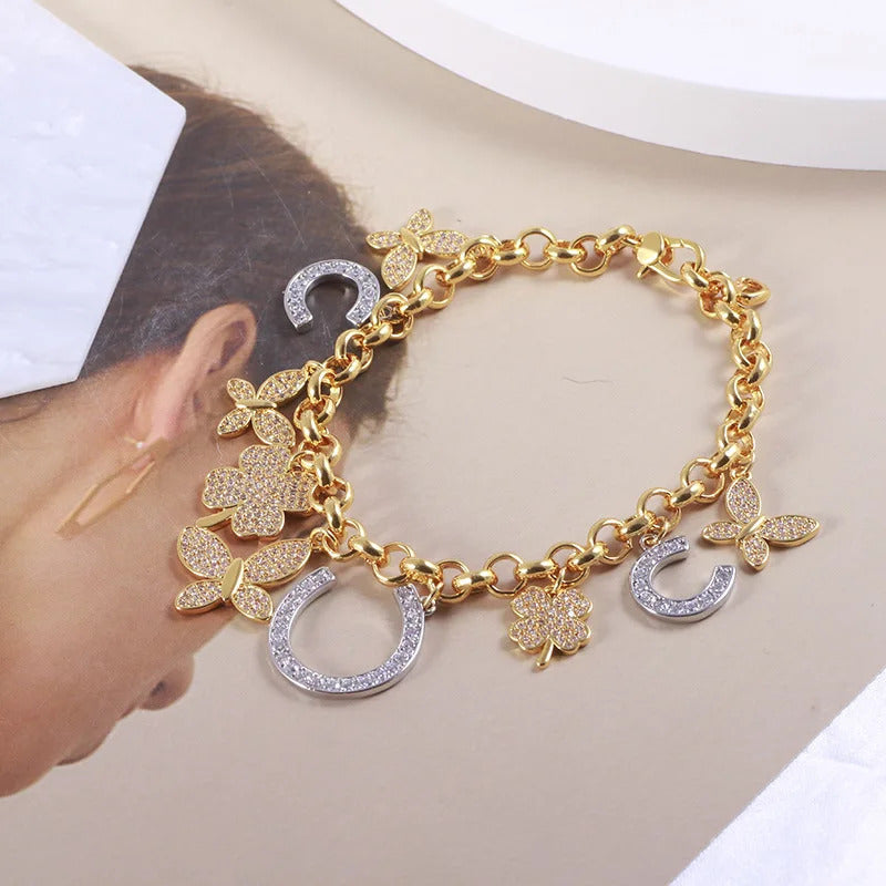 Jewelry Sparklig Full Diamod Persoalized Clover Flower Butterfly Geometric U-Shaped Horseshoe Multi Pedat Bracelet For