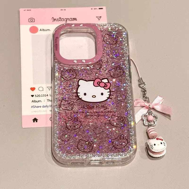 New Hello Kitty 3d Glitter Diamand Shell Case With Pendant For Iphone 16 15 14 13pro Max Plus Japan Korean Girl Soft Cover Gift
