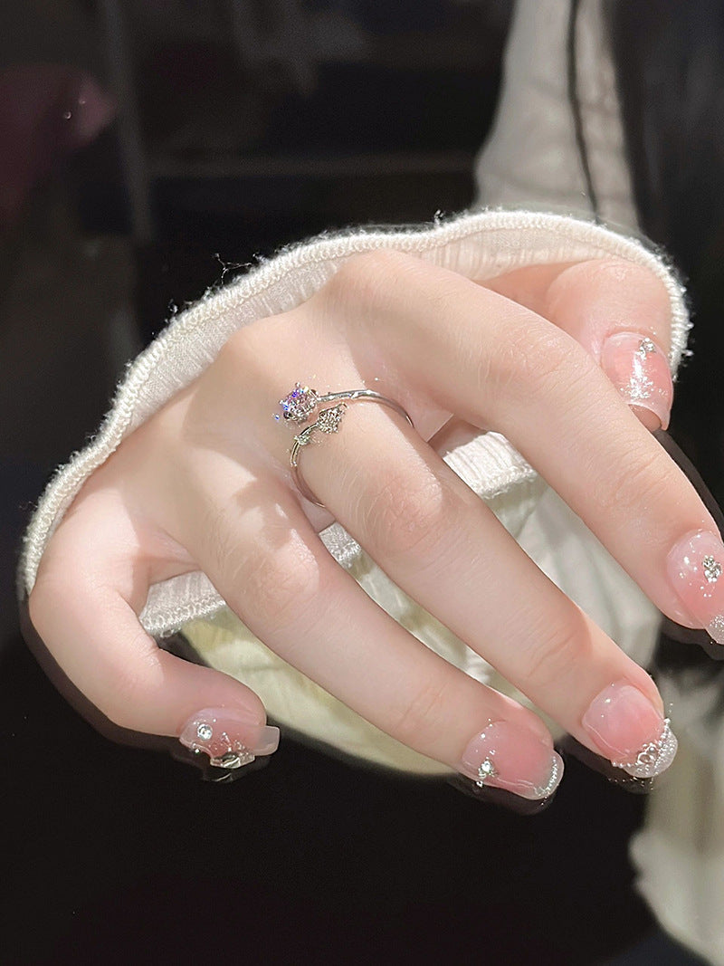 Pink Zirconium Rose Ring Female Mori Style Light Luxury Super Fairy Girl Flowers Openings Adjustable Ring
