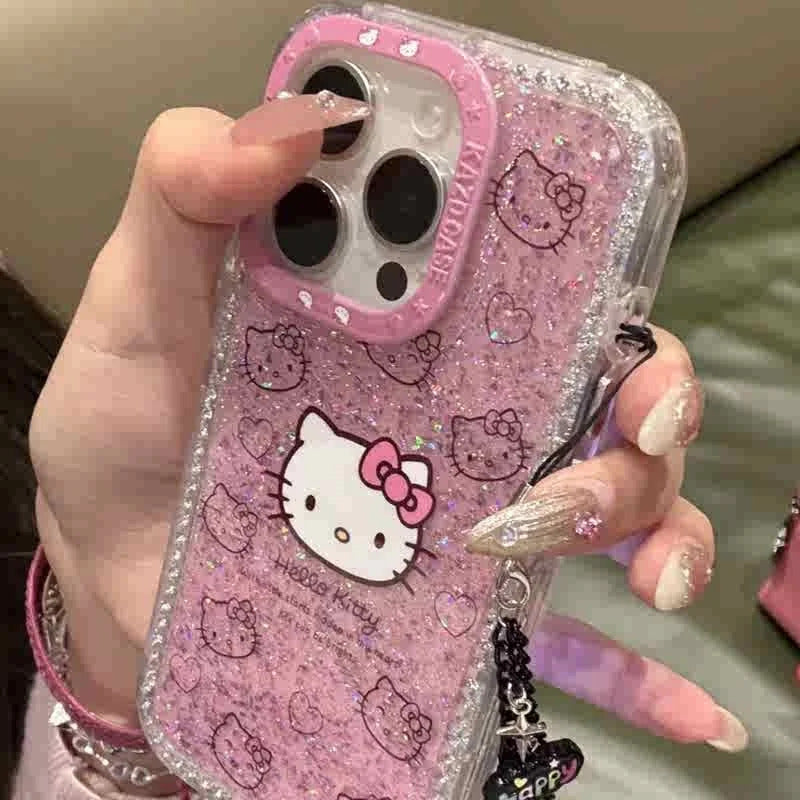 New Hello Kitty 3d Glitter Diamand Shell Case With Pendant For Iphone 16 15 14 13pro Max Plus Japan Korean Girl Soft Cover Gift