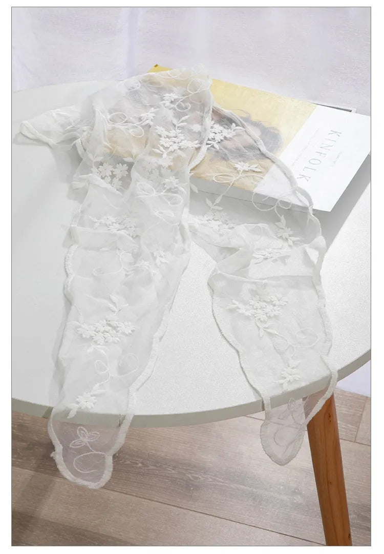 Korean Lace Embroidered Long Silk Scarf Sunscreen Neck Protection Pastoral Lady Beautiful Triangular Embroidered Spring Summer