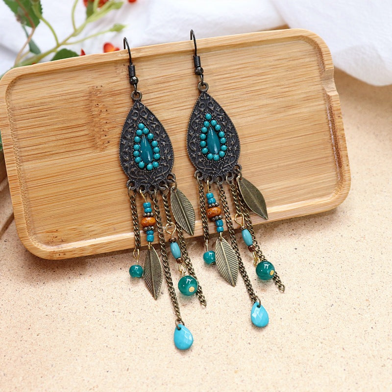 Retro Bohemian Long Tassel Earrings Women's Ethnic Style Water Drop Earrings All-match Elegant Holiday Earrings