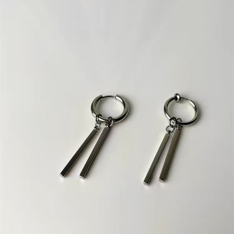 Rectangular Stick Double Stick Earrings Men's Titanium Steel Long Bar Ear Clips Women's Niche Simple High-end Accessories Jewelry