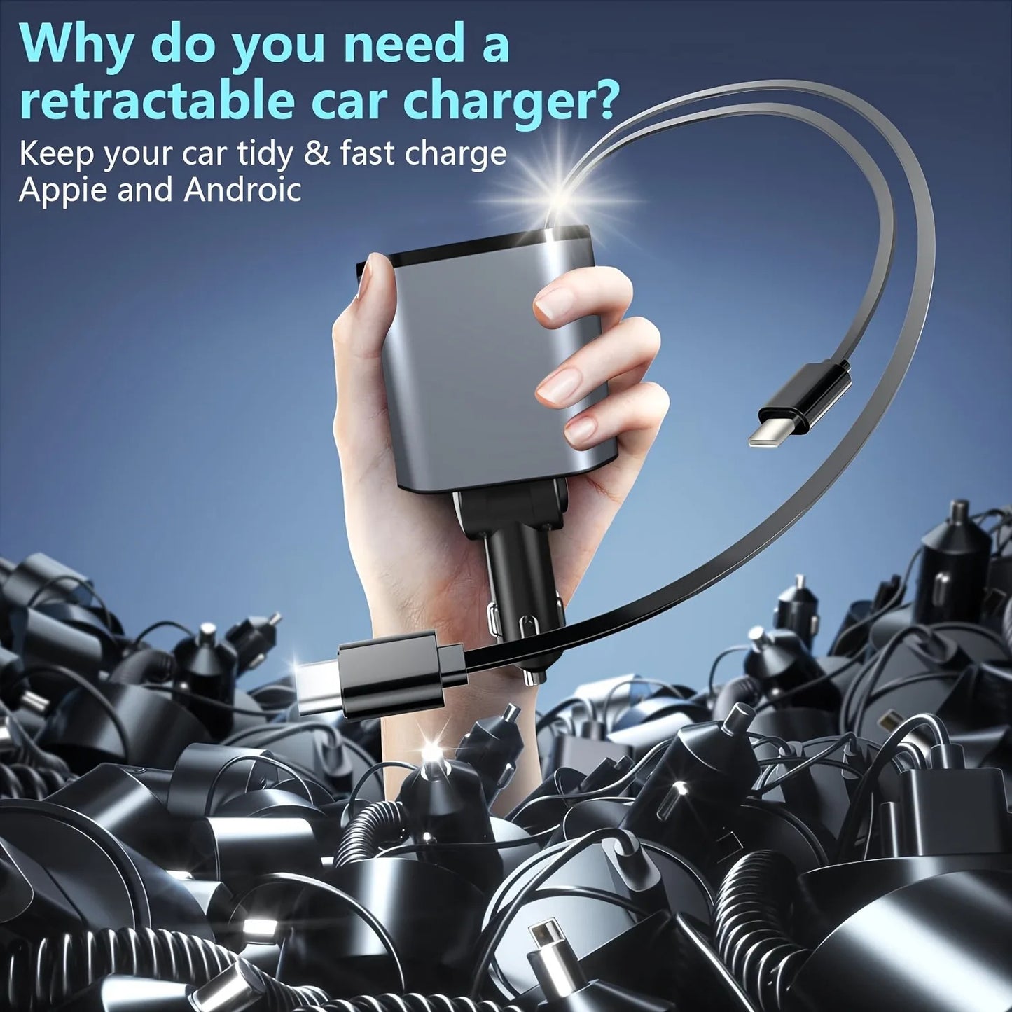 120W Car Charger 4 in 1 Retractable Fast Charging Car Phone Charger Cigarette Lighter Adapter USB C Cable for iPhone Xiaomi Poco