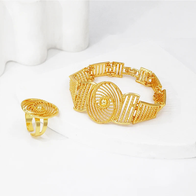 Africal Gold Color Big Jewelry Set Hollow Out Design Necklace Bracelet Earring Ring For Women Bridal Wedding Jewellery Gift