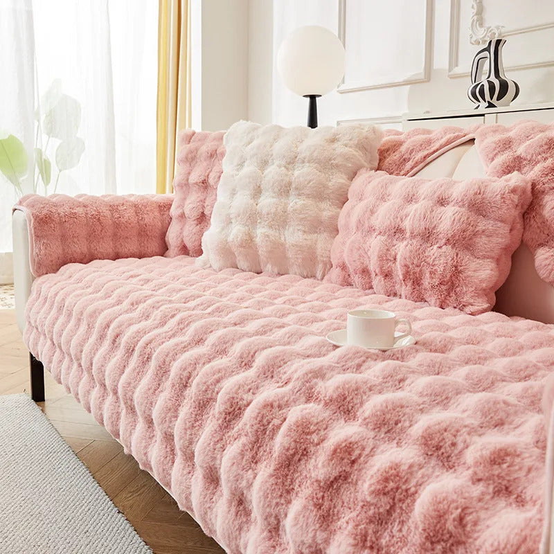 Rabbit Plush Sofa Cover Winter Thickening Warm Plush Cushions Non-Slip Living Room Leather Sofa Backrest Armrests Super Soft