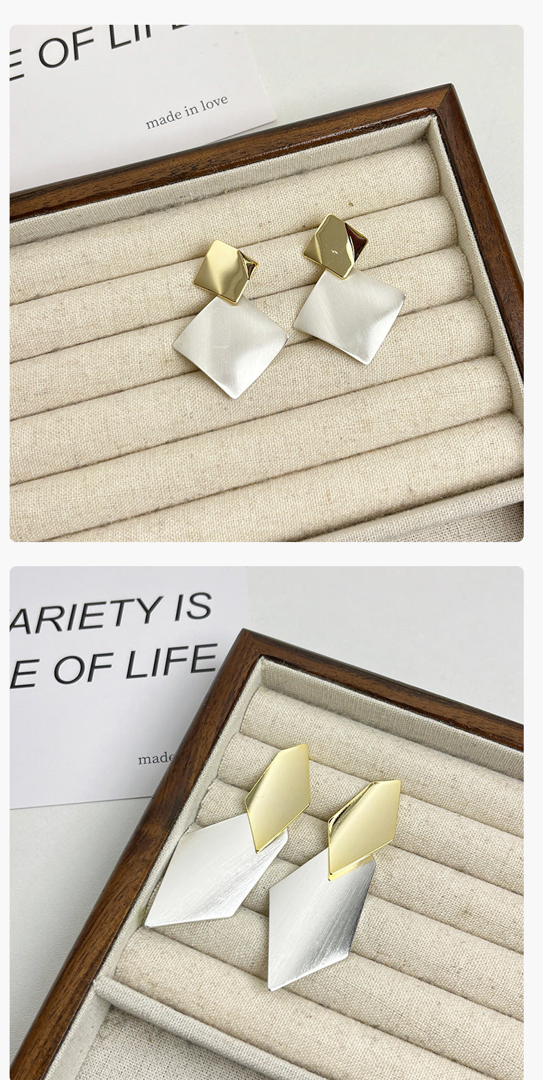 Trendy Color-Block Brushed Silver Rhombus Earrings Personality 925 Silver Needle Women's Stud Earrings 2025 New High-End Fashion