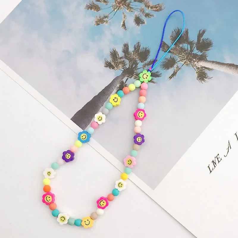 Fashion Charm Pearl Clay Beaded Mobile Phone Chain Acrylic Cartoon Phone Jewelry Women Girls Anti Lost Telephone Lanyard Hanging