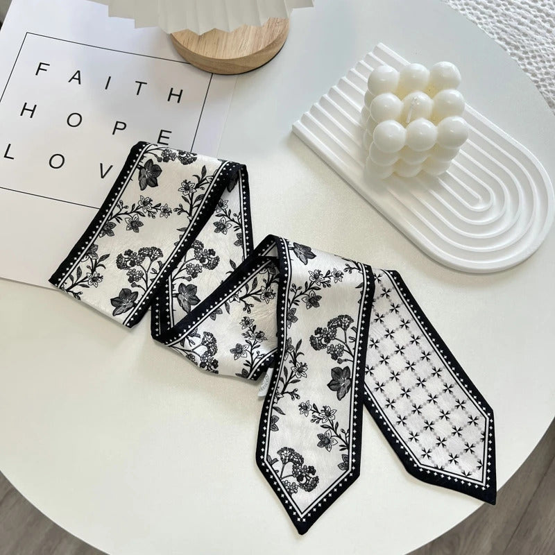 High-Grade Flower Print Long Silk Scarf Hair Band Ribbon Tied-up Hair Long Bow Vintage Satin Ribbon Hair Accessories For Women