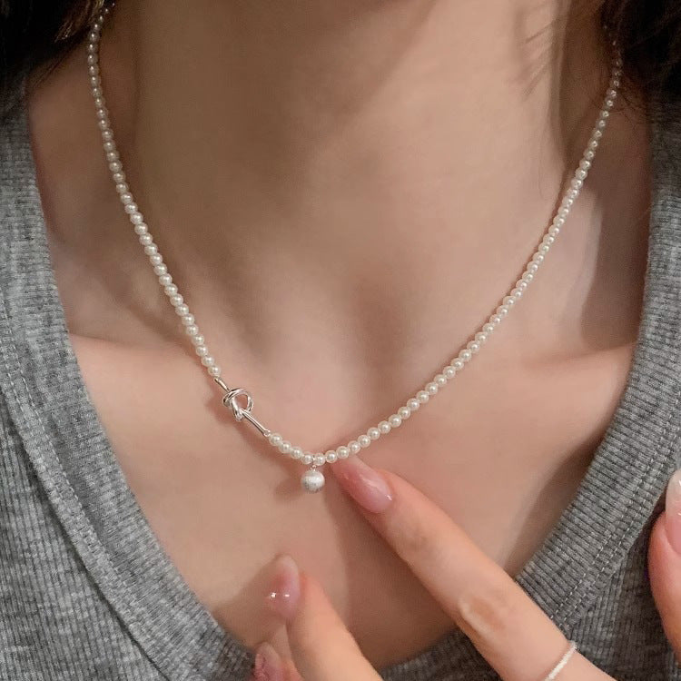 S925 Sterling Silver Brushed Round Ball Pendant Pearl Necklace for Women, Niche Design, Versatile, High-End Clavicle Chain