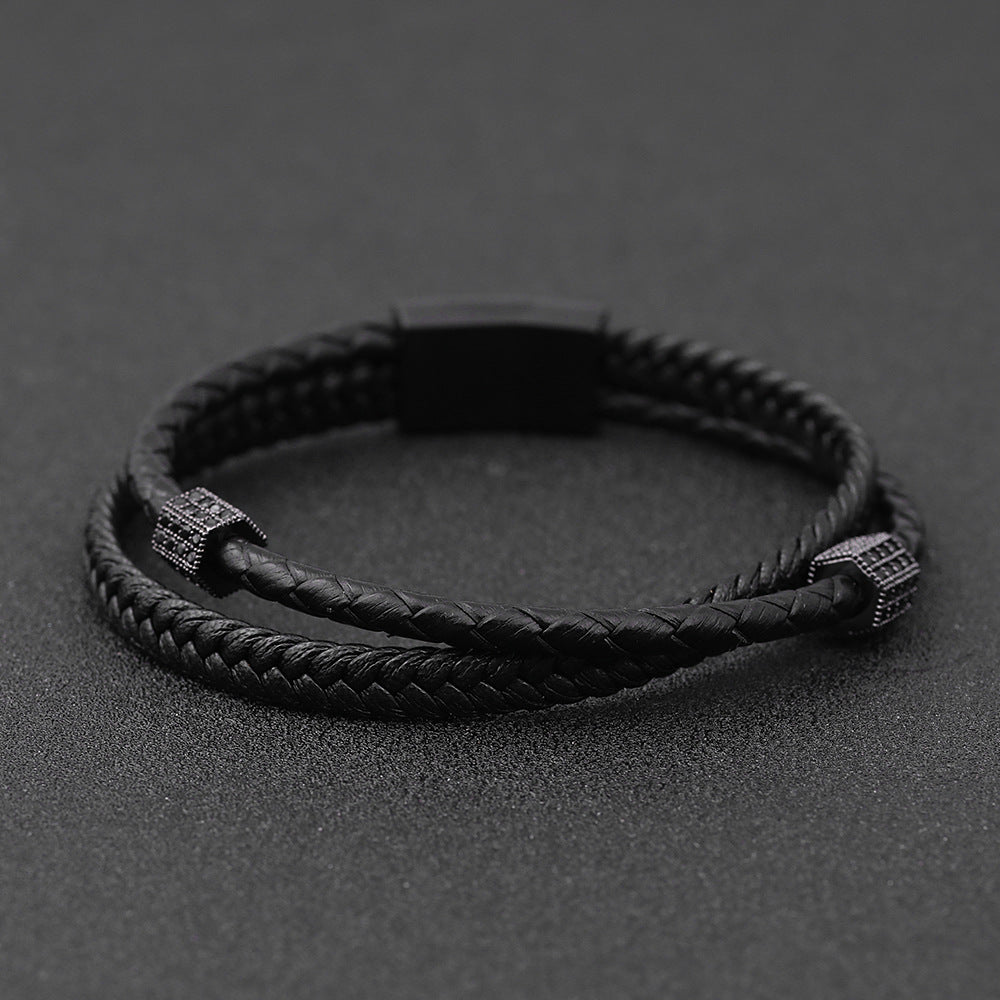 Personalized multi-layer woven leather bracelet men's hot sale stainless steel diamond bracelet gift jewelry