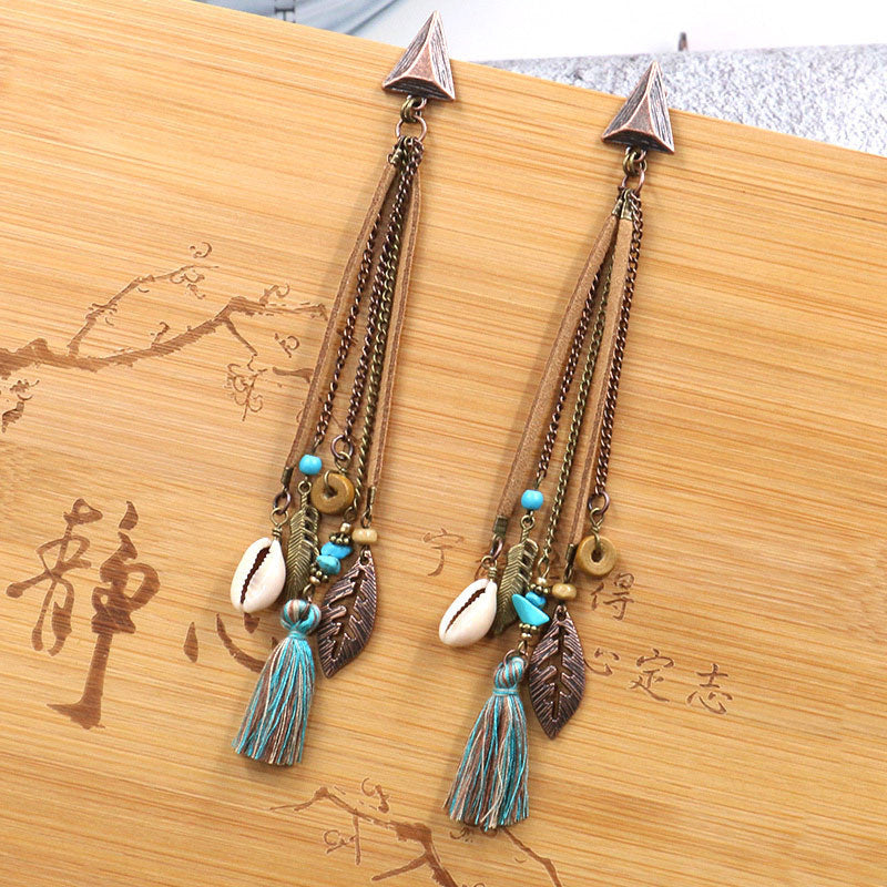 Earrings Bohemian Hair Long Tassel Shell Horn Sunflower Earrings