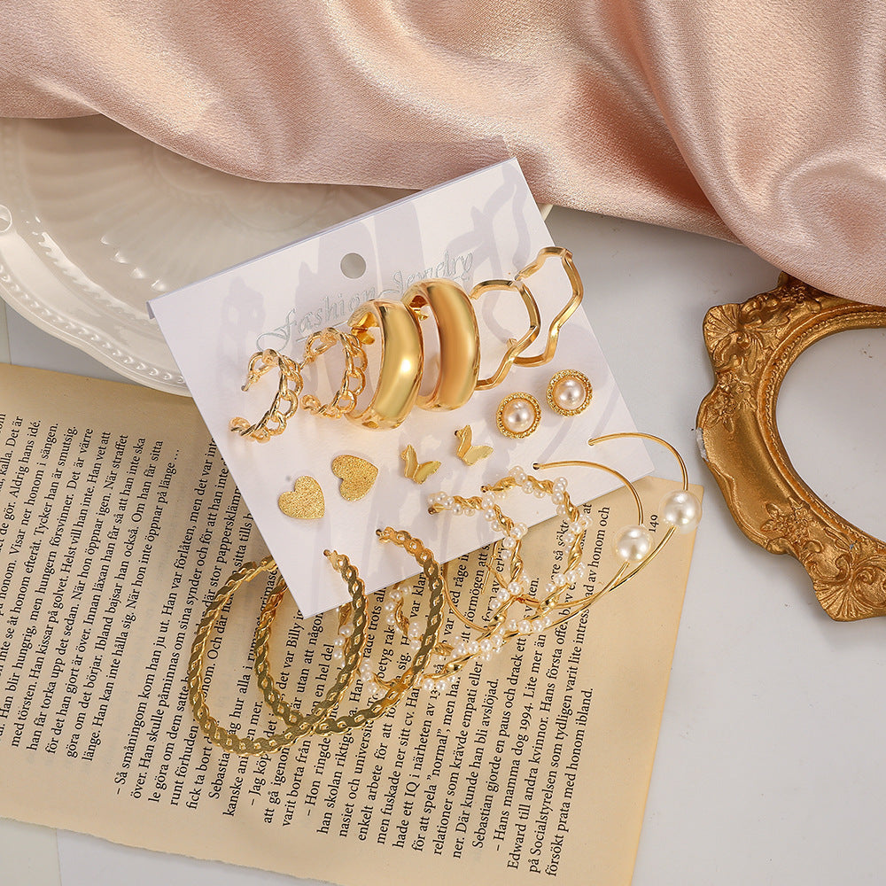 Exaggerated Faux Pearl Earrings 9-Piece Set Vintage Alloy Geometric Hoop Earrings Set Jewelry