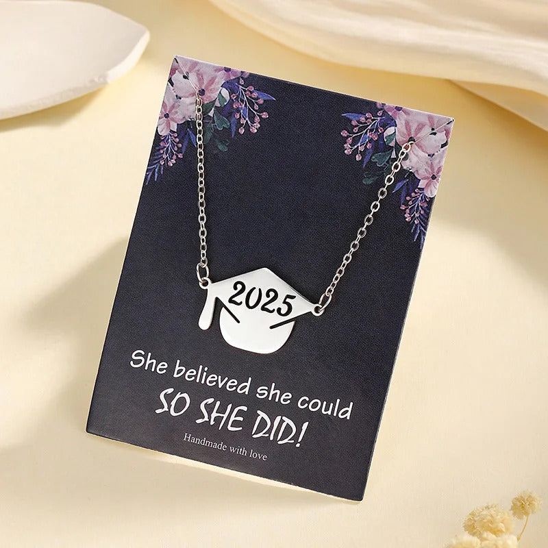 2025 Graduation Cap Pendant Necklace With Card Stainless Steel Graduation Jewelry Accessories Gifts