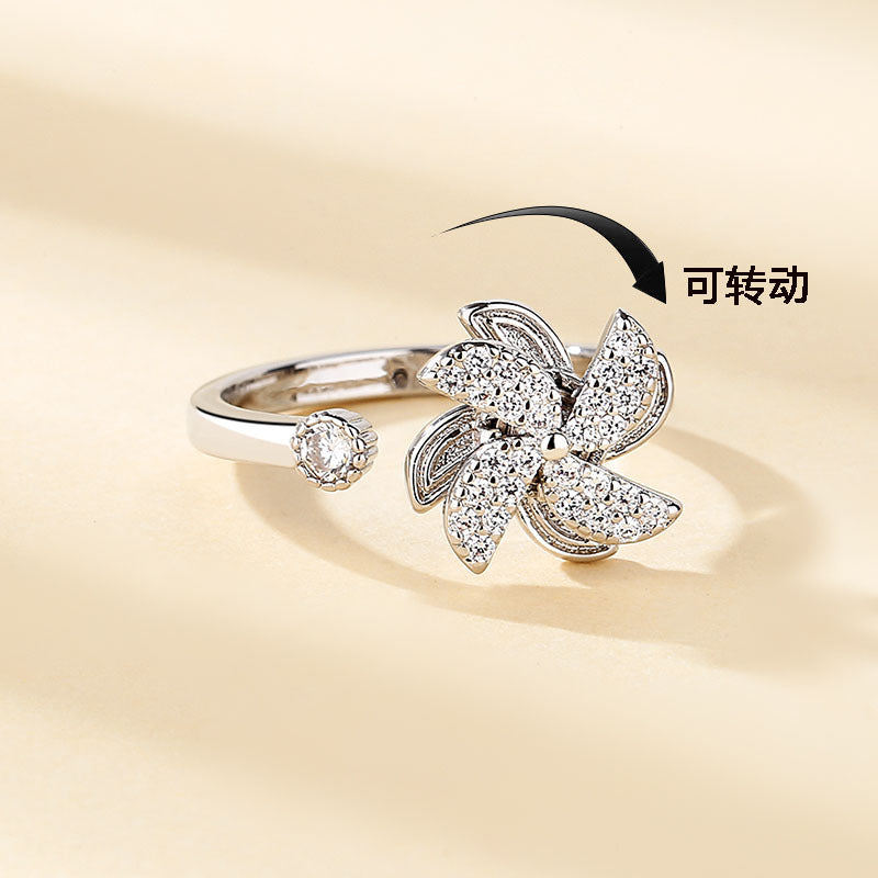 Rotating Stress Relief Windmill Ring for Women Creative Personality Design Adjustable Open Ring