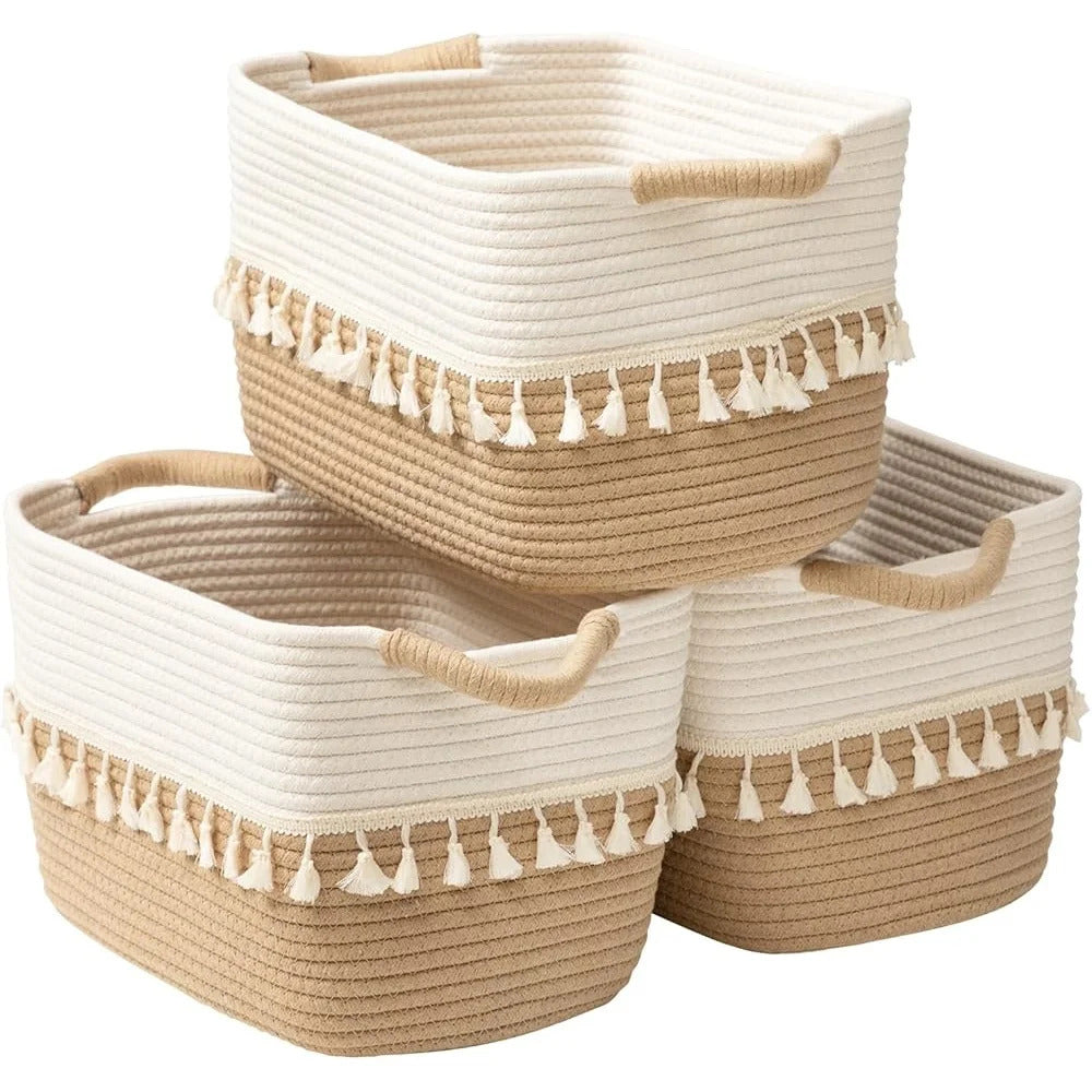 Set of 3 Woven Cotton Storage Bins Versatile Rope Baskets Organizing Home Toys Clothes and Essentials