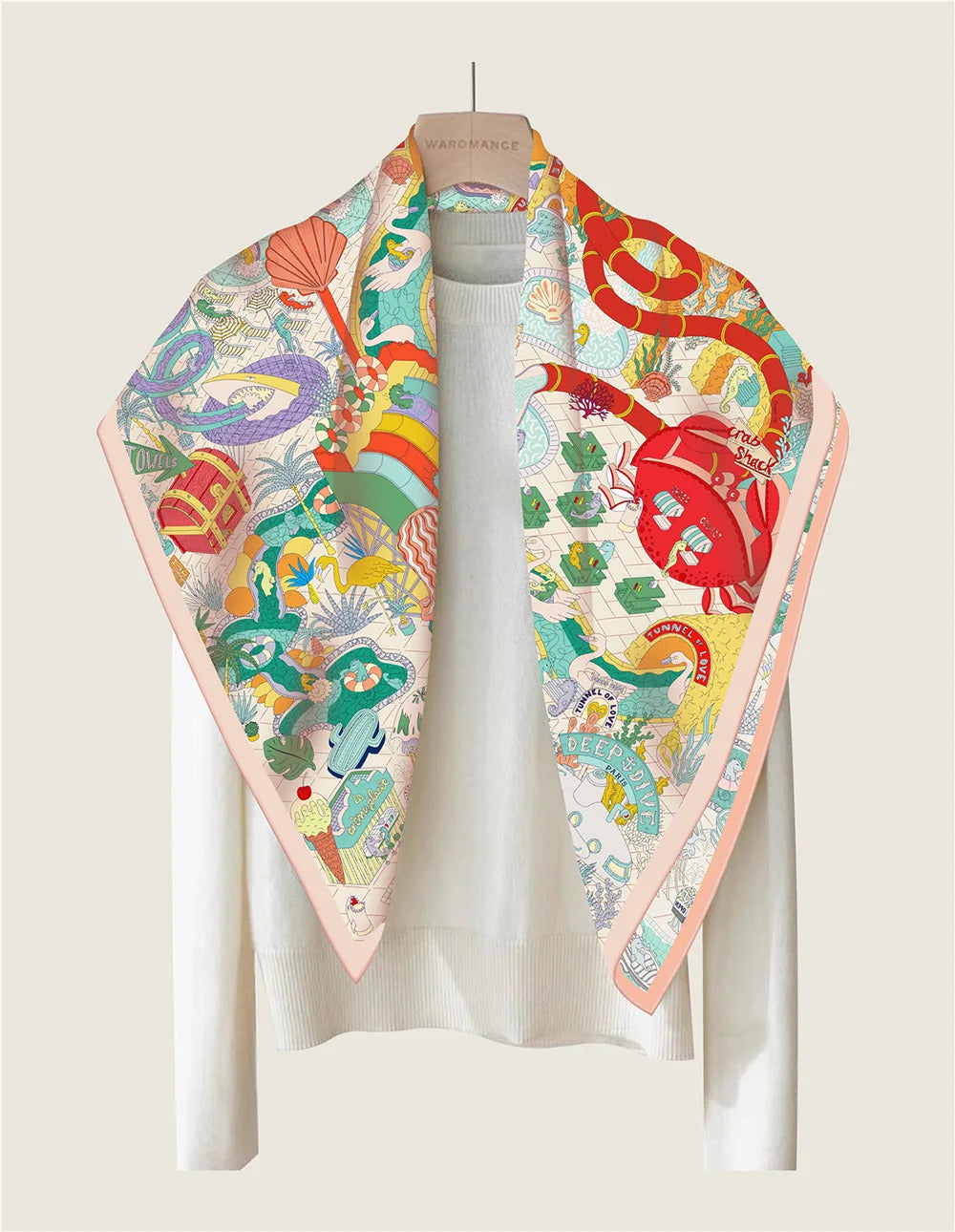 90Cm High-quality Twill Silk Double-sided Printing Submarine Playground Women's Large Square Scarf Scarf Chest Wrap Scarf