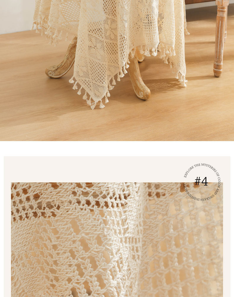 American Pastoral Cotton Woven Tablecloth Lace Hollow Crochet Tassel Dining Tablecloth French Cover Cloth Vintage Ins Tablecloth