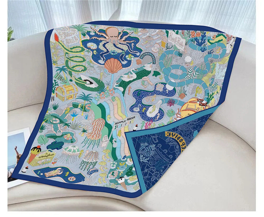 90Cm High-quality Twill Silk Double-sided Printing Submarine Playground Women's Large Square Scarf Scarf Chest Wrap Scarf