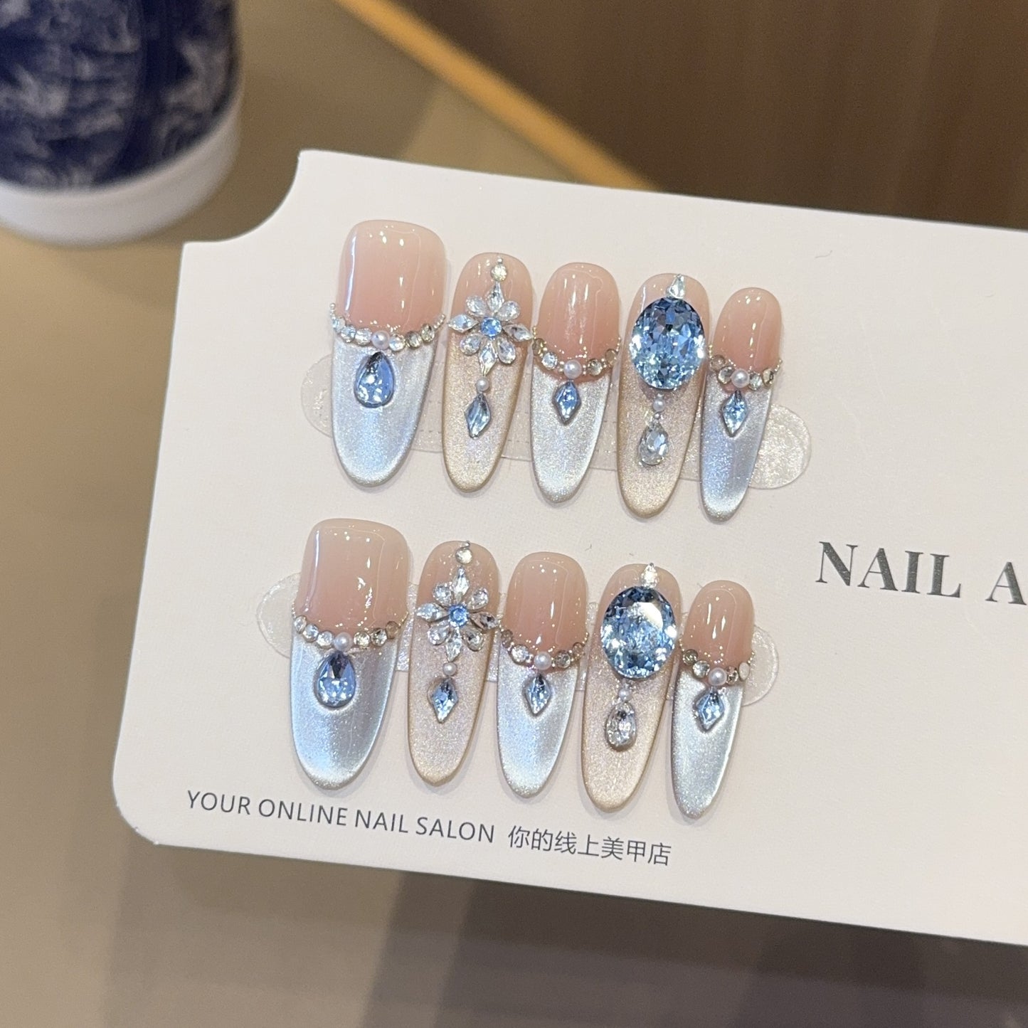 Heavy Craft Light Luxury Blue Full Diamond French Cat Eye Handmade Wearable Nails High-End Long Style Nail Art Fake Nail Tips