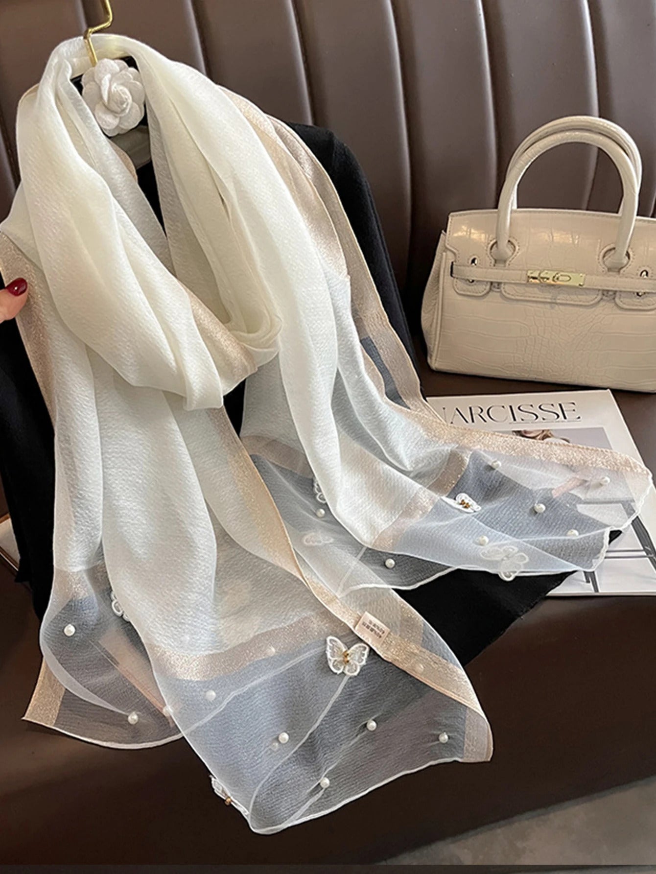 Fashion Floral Design Embroidery Silk Scarf Women Hijab Female Foulard Pashmina Long Beach Stoles Shawl Wrap Scarves Bandana