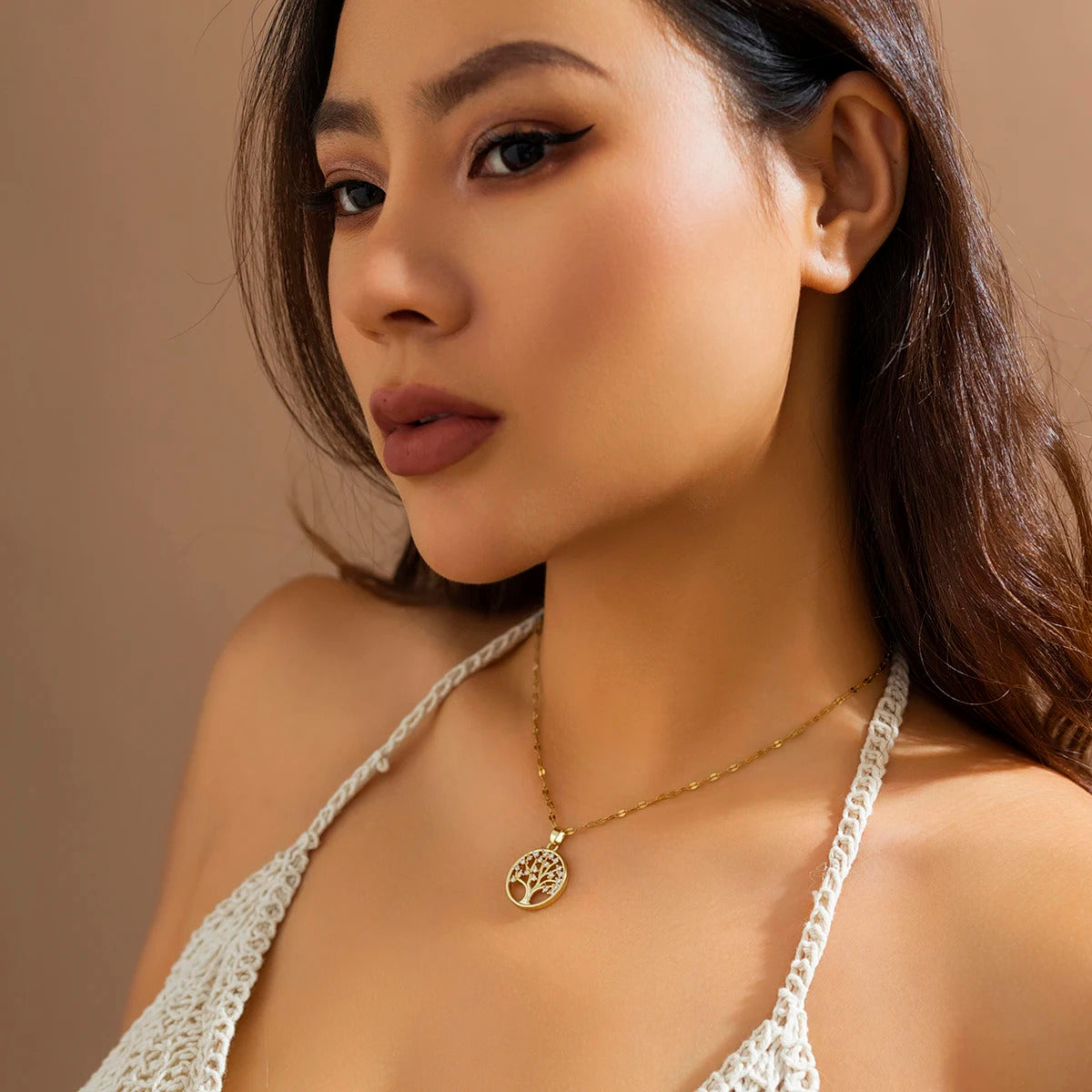 Temperamental Luxury Rhinestone Tree of Life Pendant Necklace Women Vintage Stainless Steel Waterproof Chain Aesthetic Jewelry