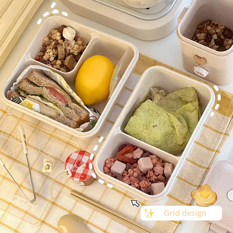 1100ML Lunch Box For Kids School Adults Office Wheat Straw Microwave Picnic Storage Portable Big Bento Box With Spoon Chopsticks