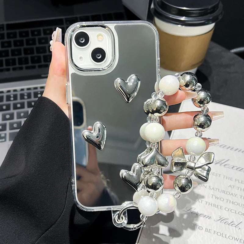 Love Heart Lanyard Mirror Phone Case For iPhone 13 11 16 15 Pro Max 12 14 Plus XR X XS Case Wrist Chain Makeup Mirror Soft Cover