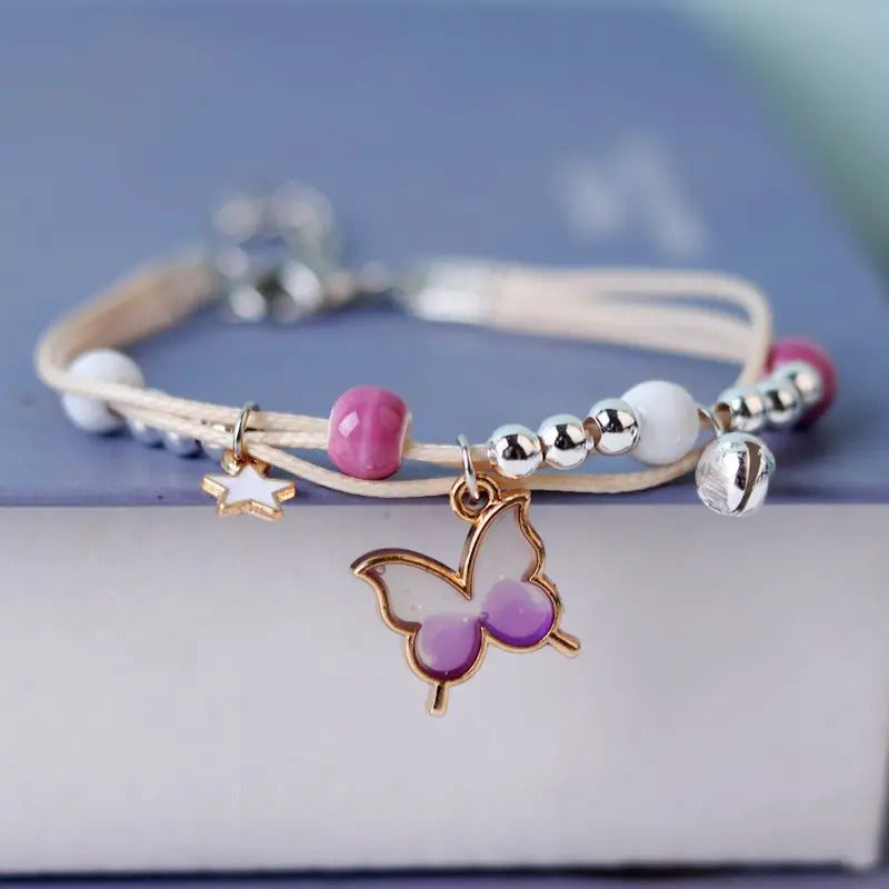 Kpop Cute Colorful Butterfly Bracelet for Women Girl Fashion Hand-woven Star Bell Beads Flower Pendant Bracelet Sister's Jewelry