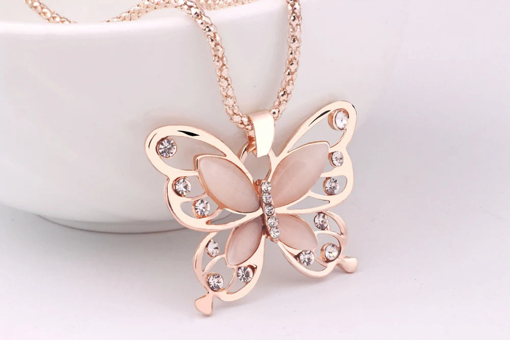 SUMENG 2024 New Necklace Choker Pendent Rose Gold Color Opal Butterfly Pendant Exquisite  Sweater Chain For Women Gifts