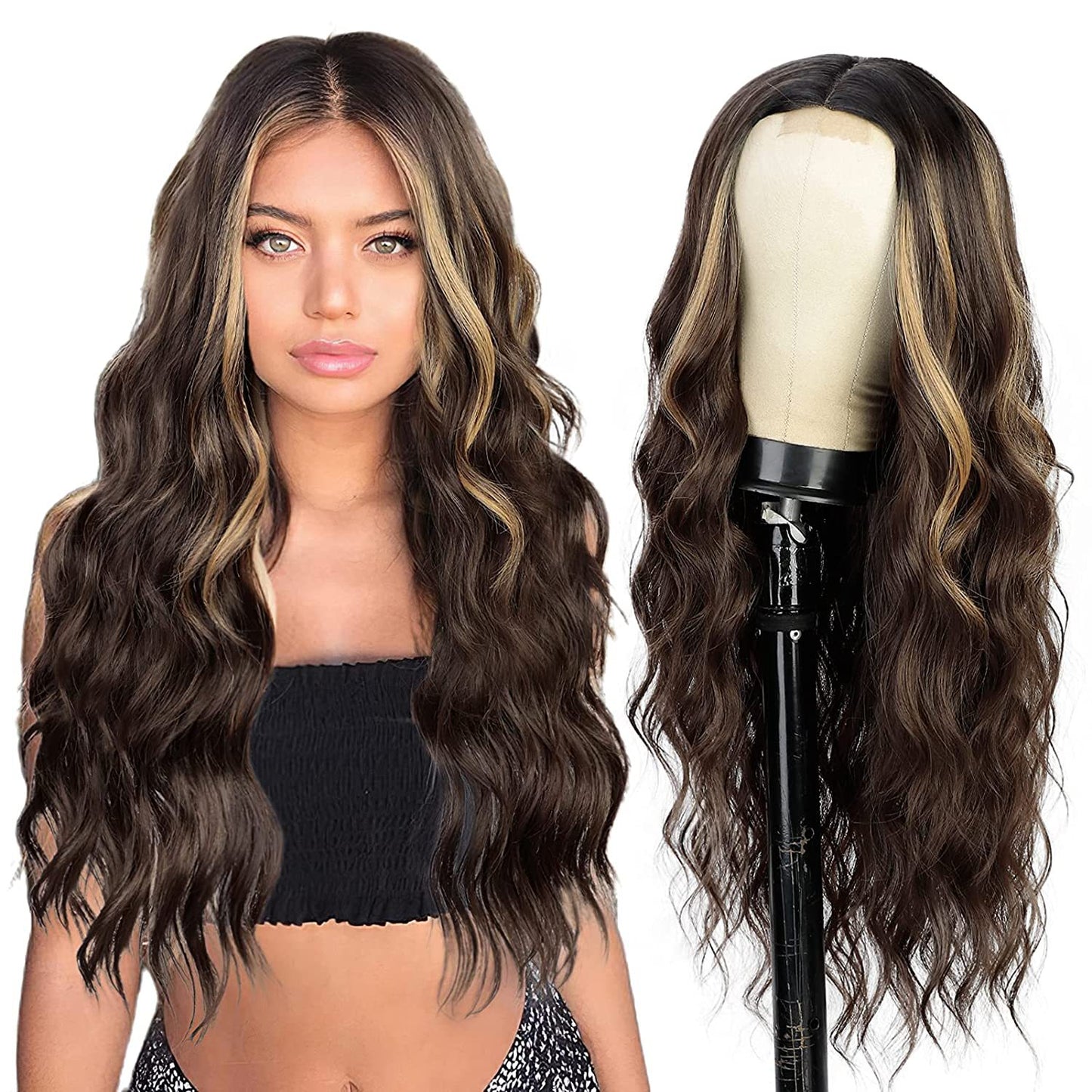 Xuchang European and American Style Wig for Women, Front Lace Wig, Middle Part, Small Lace, Highlighted Long Curly Hair, Synthetic Fiber Wig, Export Wigs